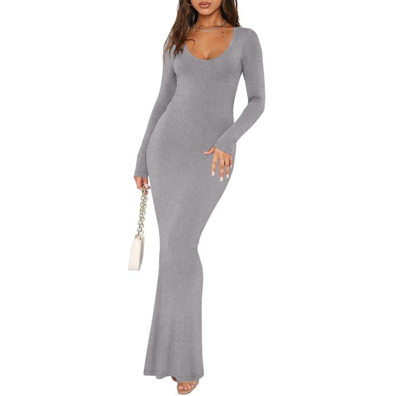 REORIA Tiktokshopbacktoschool Mother'S Day Gift Women'S Sexy Scoop Neck Long Sleeve Lounge Long Dress Summer Outdoorfun Ribbed Bodycon Maxi Dresses Fall Winter Layer Casual Fabric